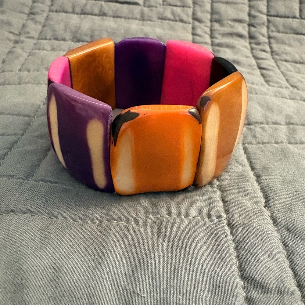Vintage Tagua Nut MultiColor Stretch Cuff Bracelet Boho Jewelry Unique HTF